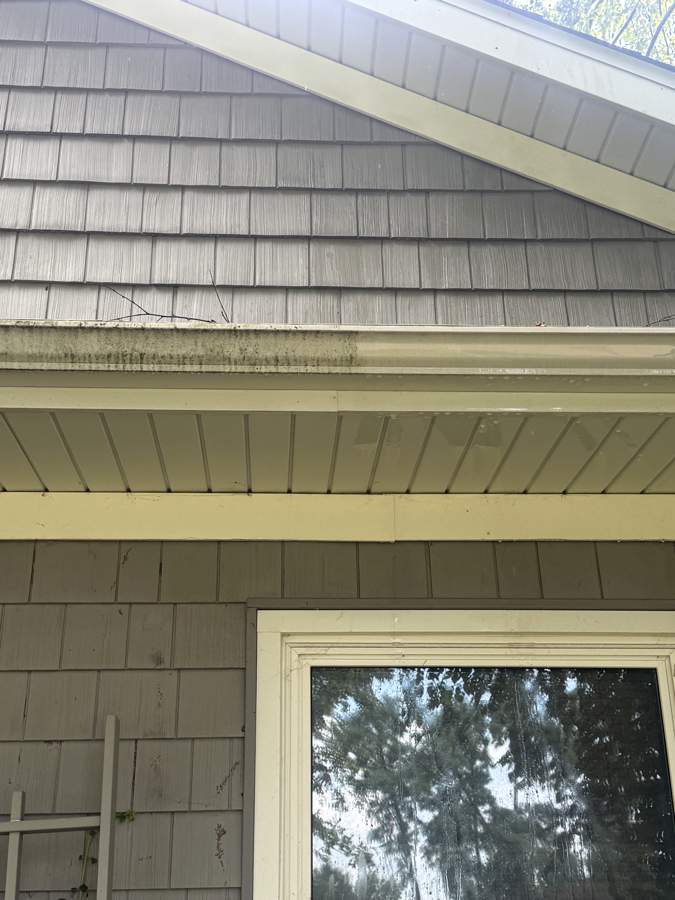 Gutter before and after cleaning, showing the buildup removed